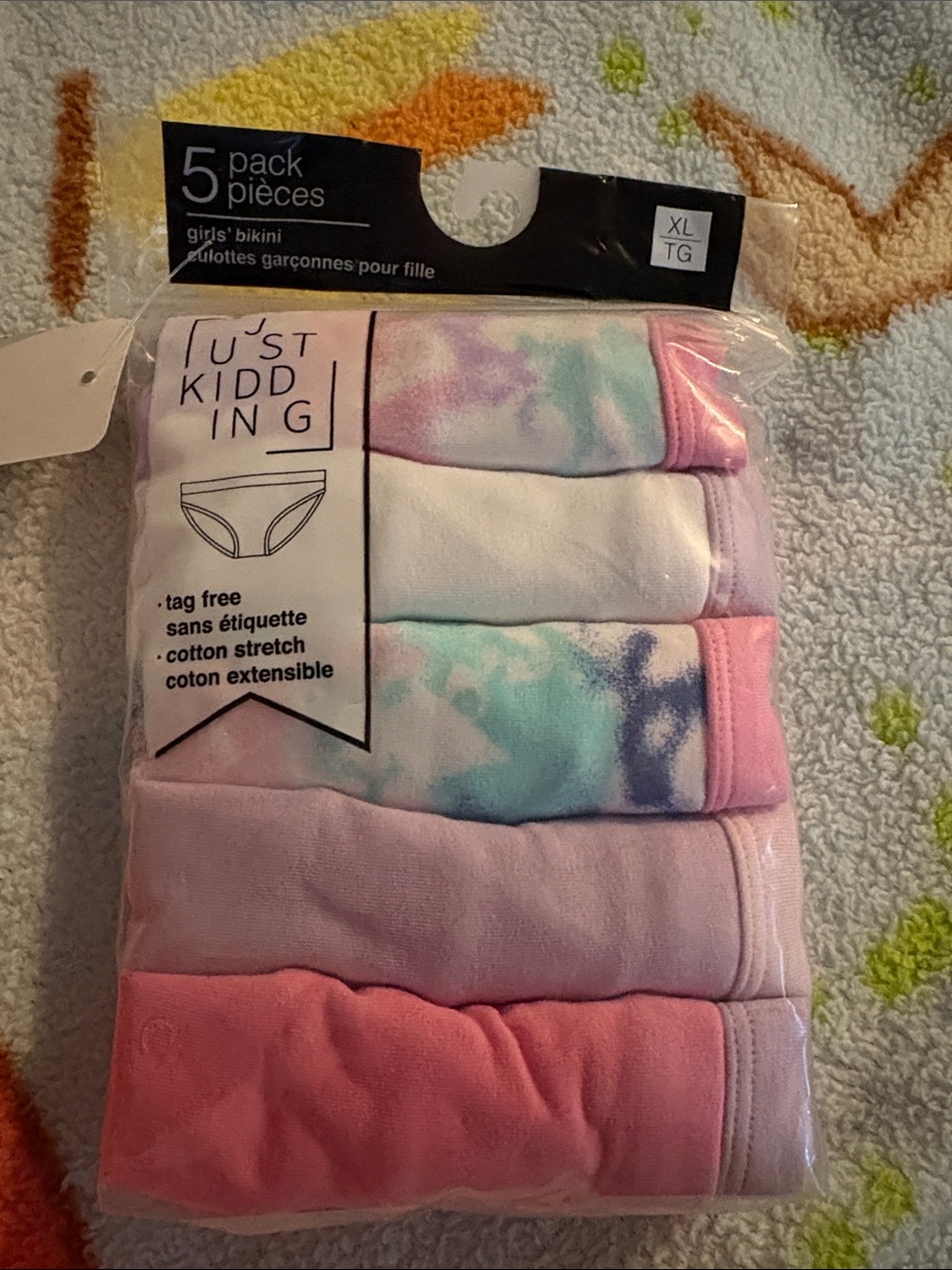 Girls' 5-Pack Bikini Underwear – Pink, White & Pastel Tie-Dye